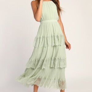 Lulus Came For Cocktails Sage Green Pleated Tiered Lace Maxi Dress - Size S